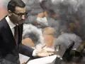 Mateusz Morawiecki w garniturze, z gestem dłoni, na tle dymu i płomieni, jakby symbolizując moment, kiedy Morawiecki podpisał zielony ład.