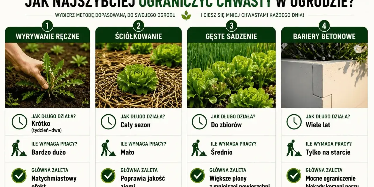 Porównanie metod ograniczania popularnych chwastów w ogrodzie: ręczne wyrywanie, ściółkowanie, gęste sadzenie i bariery betonowe.