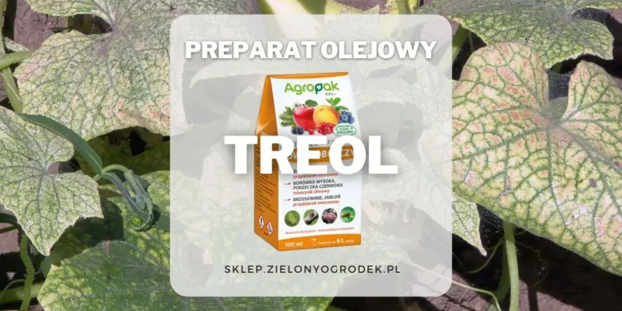 Opakowanie preparatu Treol na tle liści roślin.