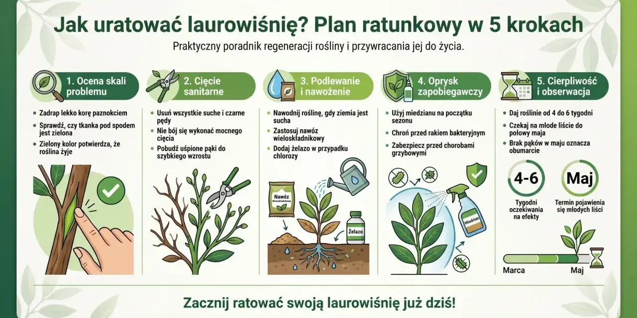 Plan ratunkowy dla laurowiśni: ocena, cięcie, podlewanie, oprysk i cierpliwość. Zadbaj o roślinę, by uniknąć żółte liście.