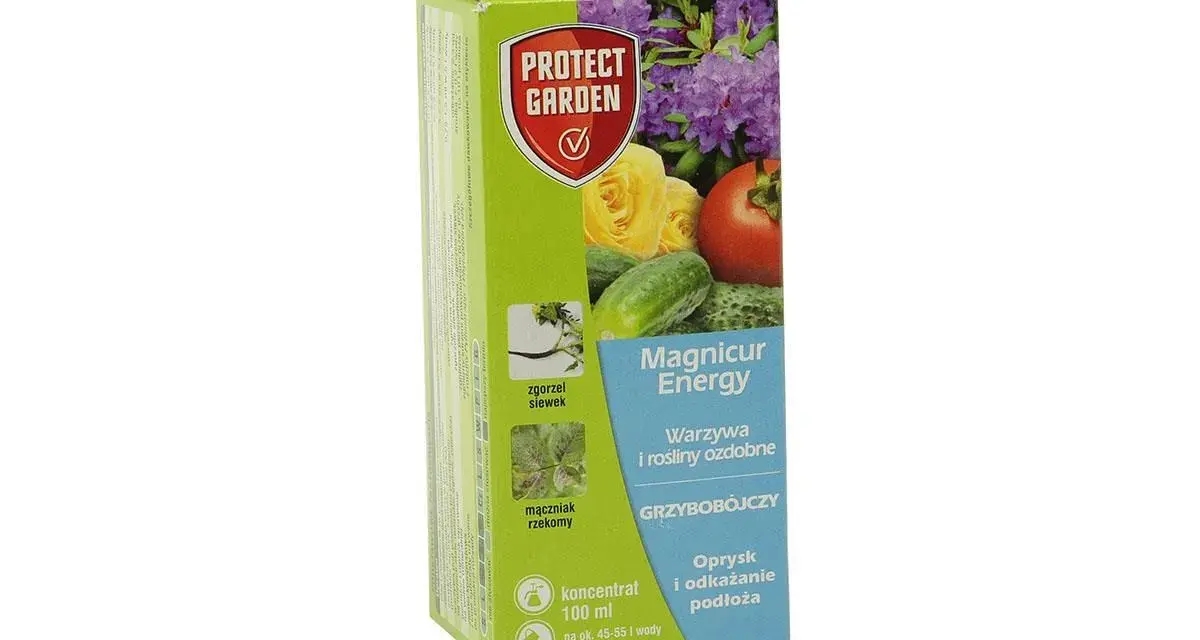 Opakowanie Protect Garden z produktem Magnicur Energy, środkiem grzybobójczym do warzyw i roślin ozdobnych, zwalczającym choroby takie jak zgorzel siewek i mączniak rzekomy.
