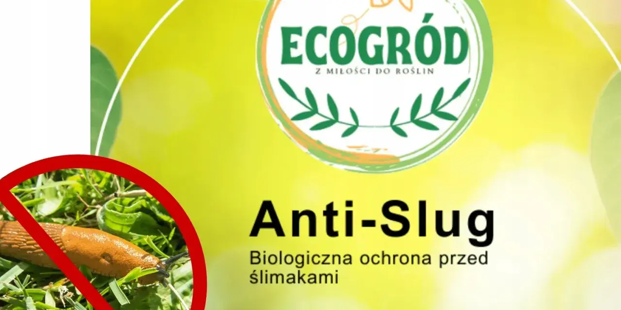 Ślimak na trawie z przekreśleniem. Produkt "Anti-Slug" z logo "EcoGród" to biologiczna ochrona przed ślimakami.