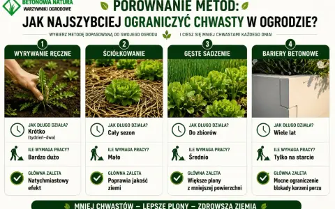 Porównanie metod ograniczania popularnych chwastów w ogrodzie: ręczne wyrywanie, ściółkowanie, gęste sadzenie i bariery betonowe.