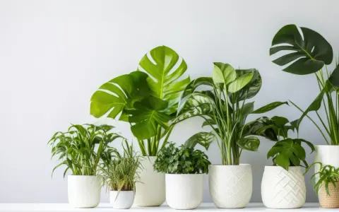 Zielone rośliny w białych doniczkach, idealne jako jakie kwiaty do łazienki. Monstera, paprocie i inne.