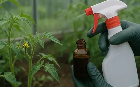 Ręce w zielonych rękawiczkach trzymają buteleczkę z płynem i opryskiwacz, z którego wydobywa się mgiełka nad młodą rośliną pomidora.