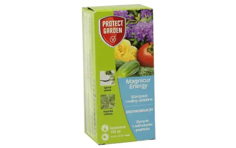 Opakowanie Protect Garden z produktem Magnicur Energy, środkiem grzybobójczym do warzyw i roślin ozdobnych, zwalczającym choroby takie jak zgorzel siewek i mączniak rzekomy.