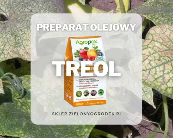 Opakowanie preparatu Treol na tle liści roślin.
