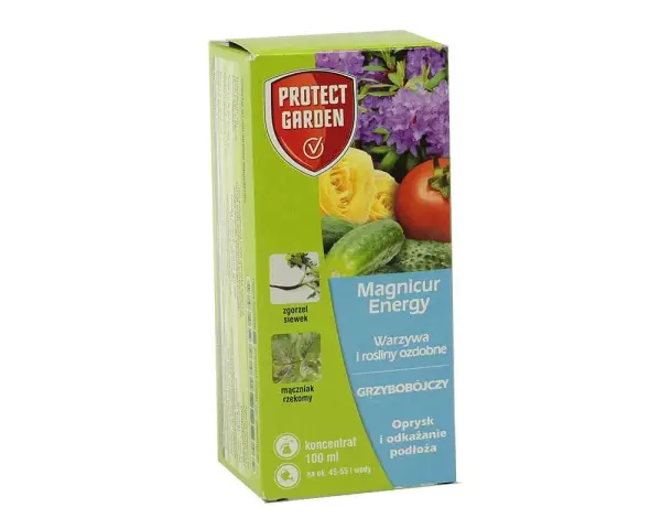 Opakowanie Protect Garden z produktem Magnicur Energy, środkiem grzybobójczym do warzyw i roślin ozdobnych, zwalczającym choroby takie jak zgorzel siewek i mączniak rzekomy.