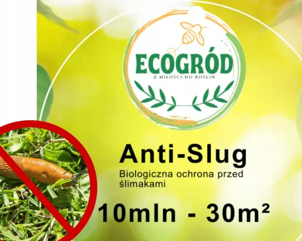 Ślimak na trawie z przekreśleniem. Produkt "Anti-Slug" z logo "EcoGród" to biologiczna ochrona przed ślimakami.