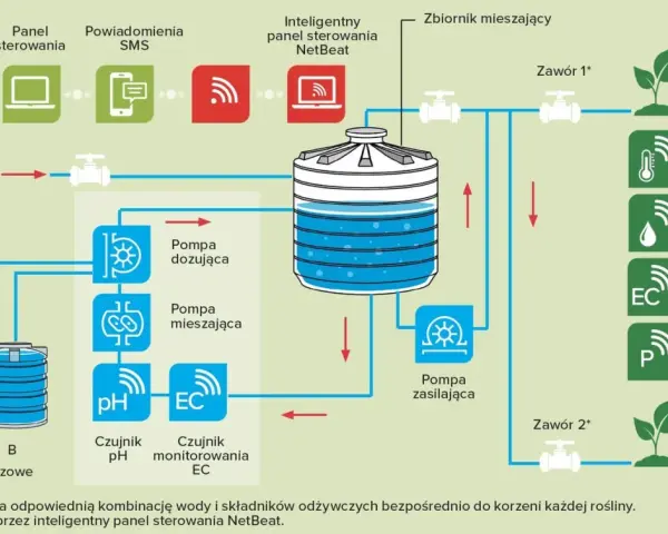 Schemat przedstawia system fertygacji z inteligentnym sterowaniem NetBeat, pompami, czujnikami i zbiornikami nawozowymi, zapewniający optymalne nawadnianie roślin.