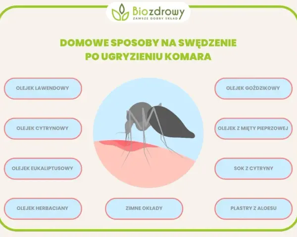 Domowe sposoby na swędzenie po ugryzieniu komara: olejki, sok z cytryny, zimne okłady i plastry z aloesu.