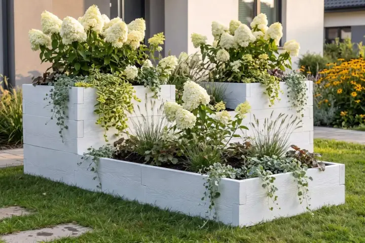 Białe, drewniane skrzynie z bujnymi hortensjami i zielenią przed nowoczesnym domem.