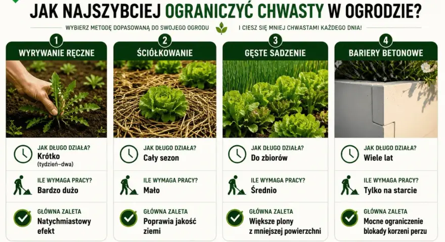 Porównanie metod ograniczania popularnych chwastów w ogrodzie: ręczne wyrywanie, ściółkowanie, gęste sadzenie i bariery betonowe.
