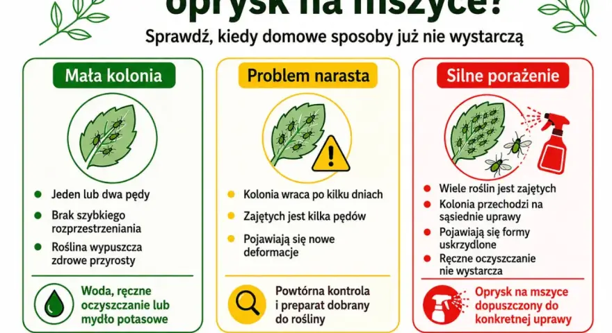 Kiedy domowe sposoby na mszyce zawodzą? Infografika pokazuje, jak rozpoznać małą kolonię, problem narastający i silne porażenie, sugerując odpowiednie metody walki.