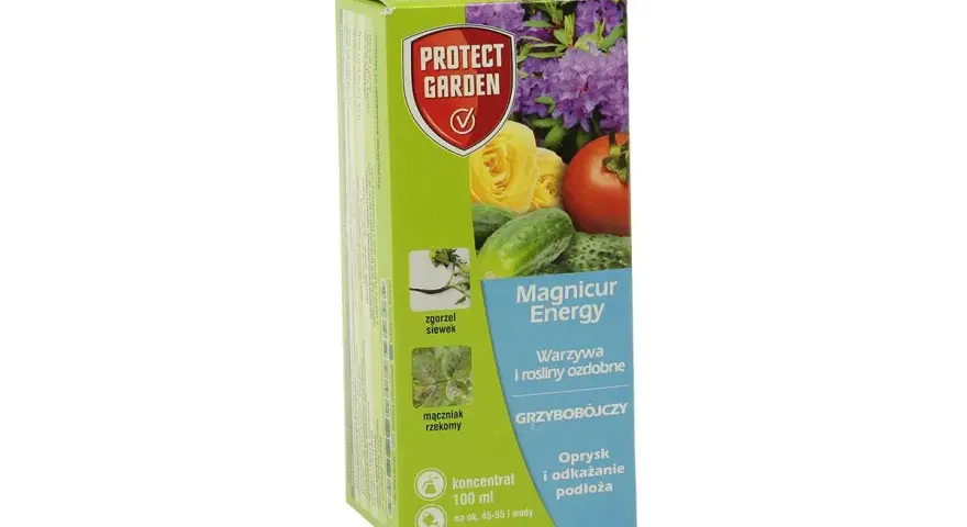 Opakowanie Protect Garden z produktem Magnicur Energy, środkiem grzybobójczym do warzyw i roślin ozdobnych, zwalczającym choroby takie jak zgorzel siewek i mączniak rzekomy.