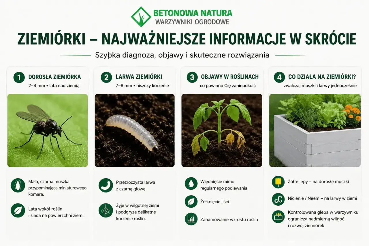 Ziemiórki w ogrodzie: dorosła muszka, larwa niszcząca korzenie, objawy w roślinach (więdnięcie, żółknięcie liści) i metody zwalczania.