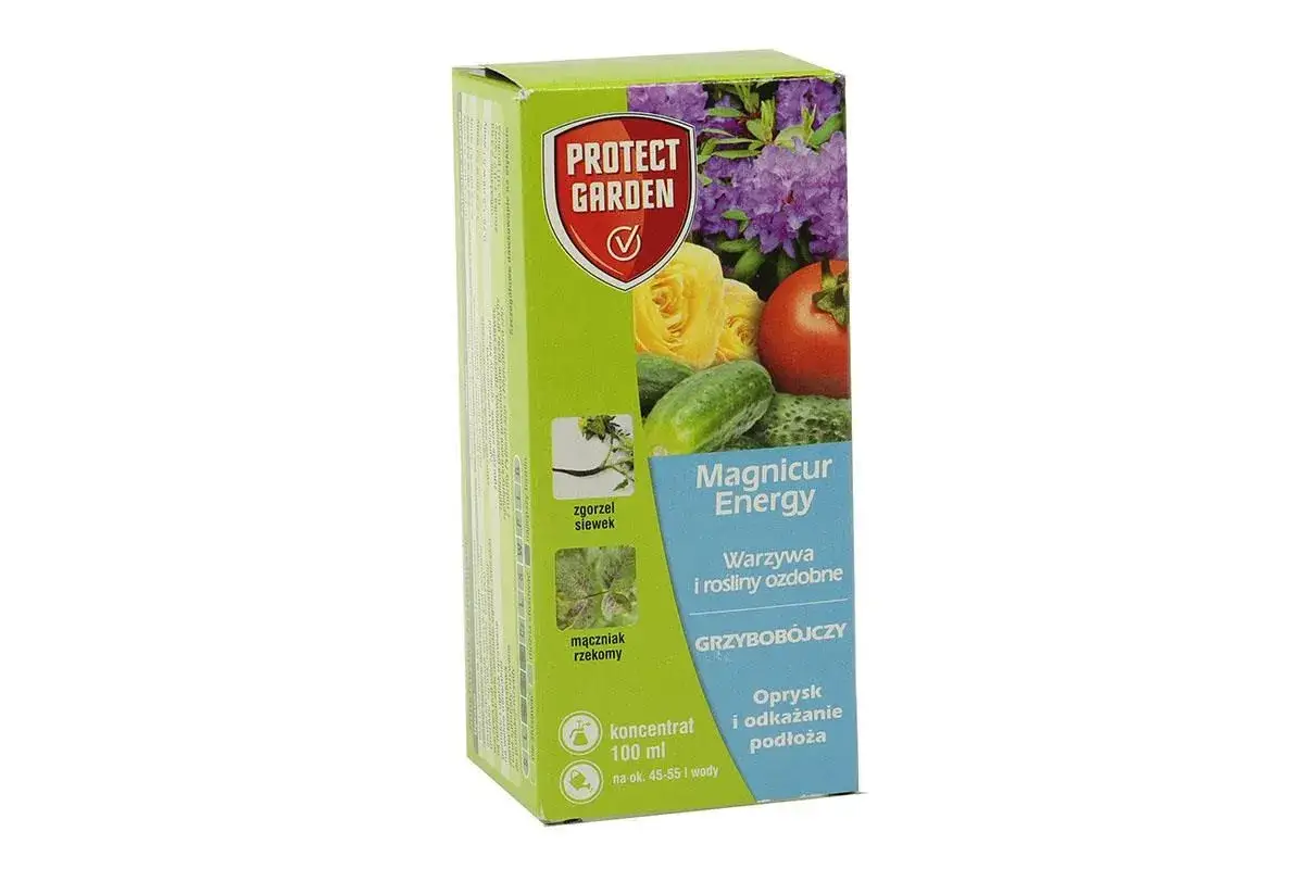 Opakowanie Protect Garden z produktem Magnicur Energy. Zwalcza choroby roślin, takie jak mączniak rzekomy i zgorzel siewek.