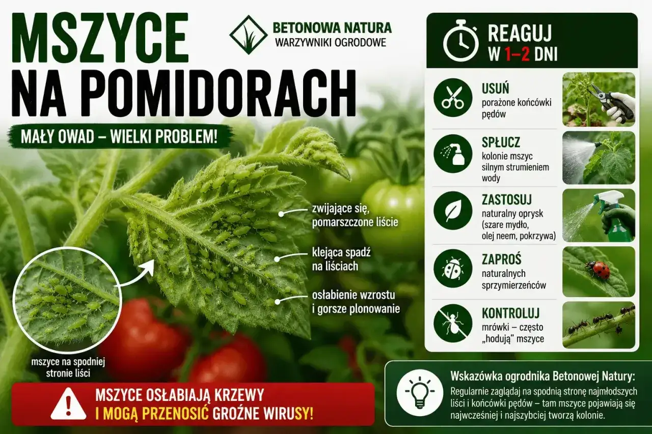 Mszyce na pomidorach – mały owad, wielki problem. Zielone mszyce żerują na liściach, powodując ich zwijanie i lepkość. Zwalczaj je, spłukując wodą, stosując opryski i zapraszając biedronki.